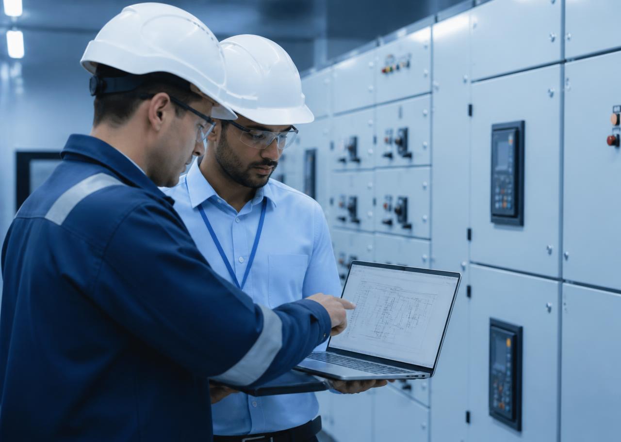 Enerstat engineers reviewing electrical drawings in a switchgear room