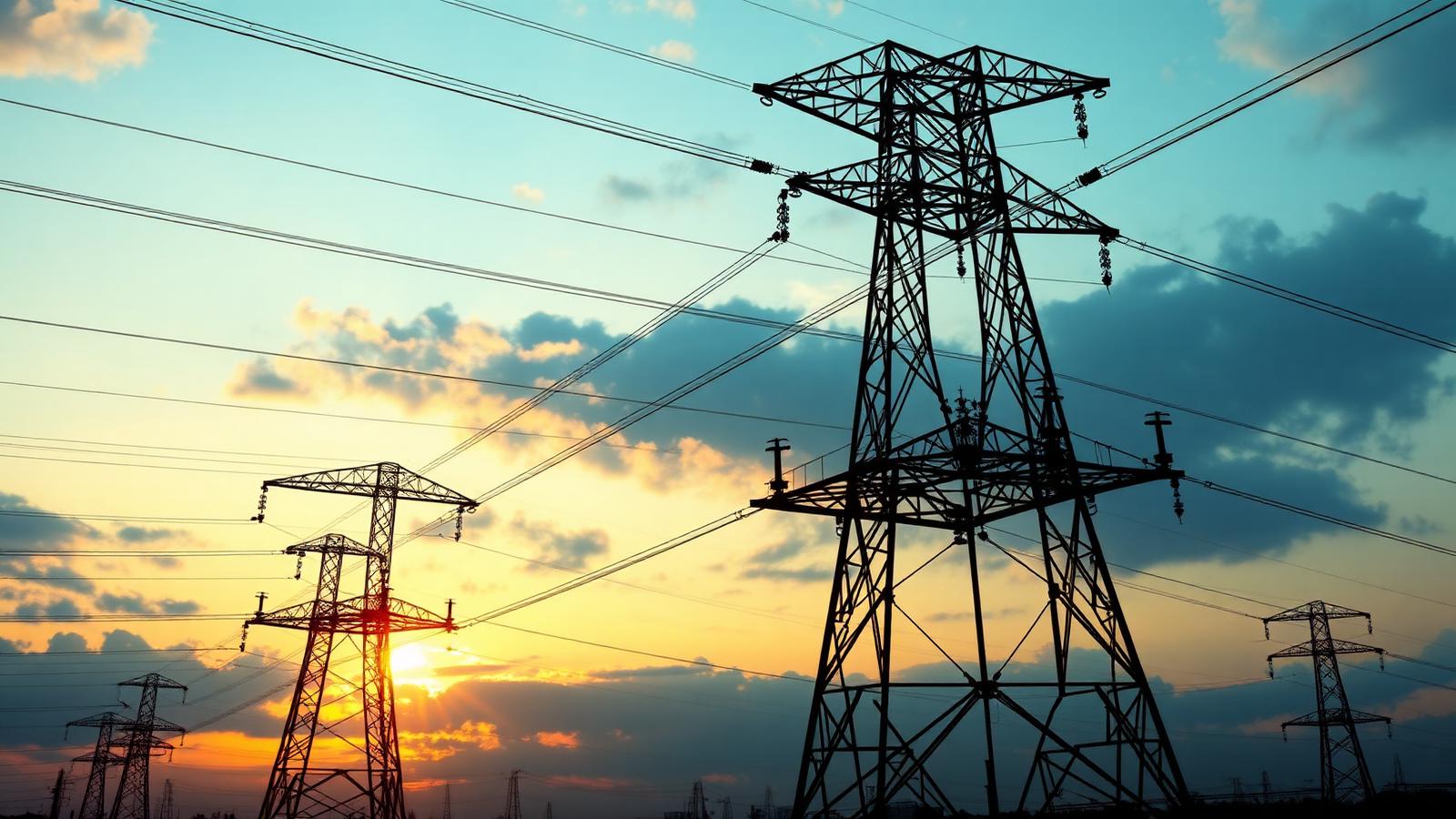 High-voltage transmission towers and conductors against a dusk sky